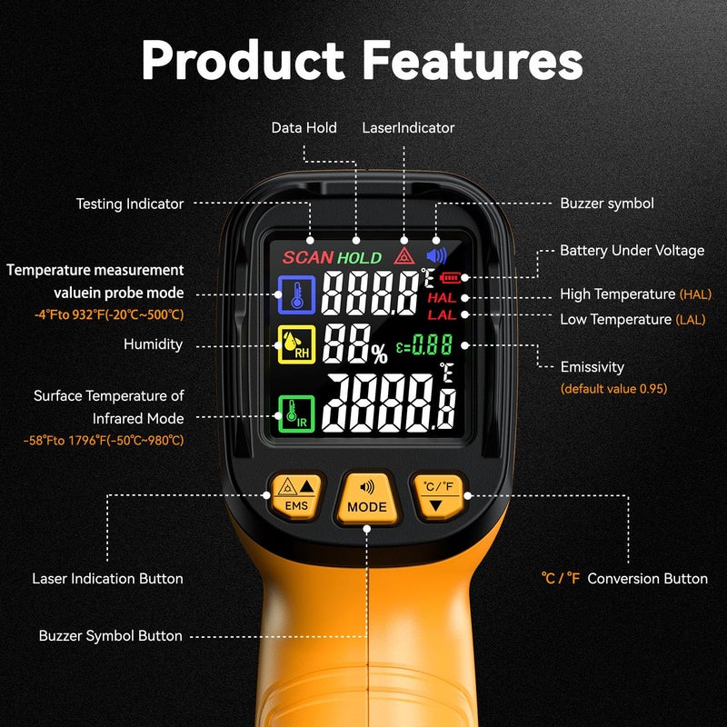 SURPEER 50:1 Infrared Thermometer IR Laser Gun, -58°F to 1796°F, Digital Temperature Gun/K-Type Probe -4°F to 932°F & Humidity Sensor for Cooking, Pizza Oven BBQ HVAC Home-Industrial Use - Image 3